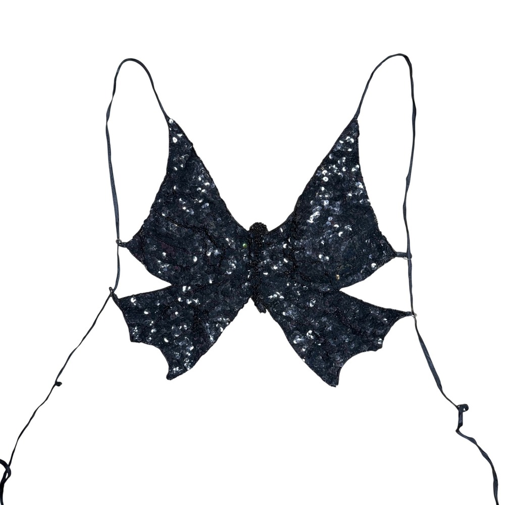 Black Sequin Butterfly Halter Top Beaded Y2K Festival Rave Top